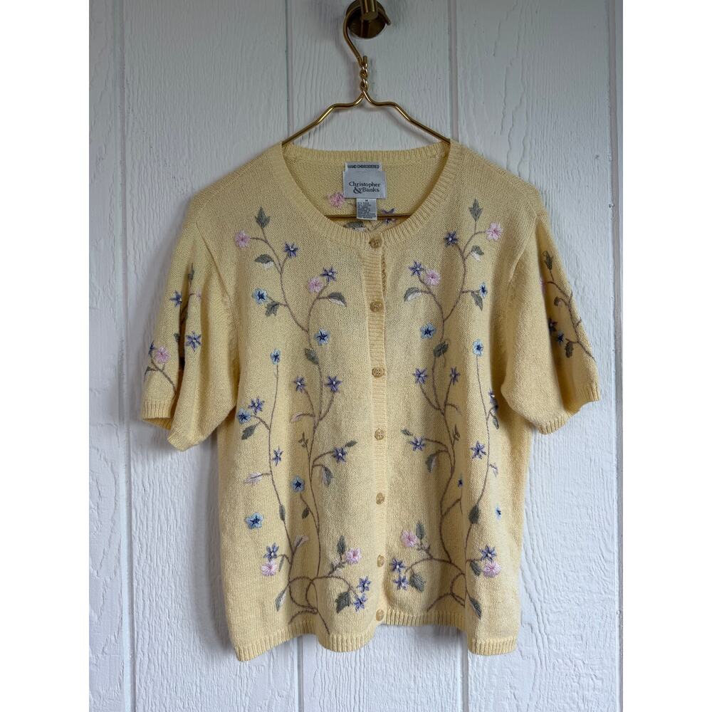 Vintage Christopher & Banks Hand Embroidered Floral Cardigan Sweater Medium - Picture 2 of 7